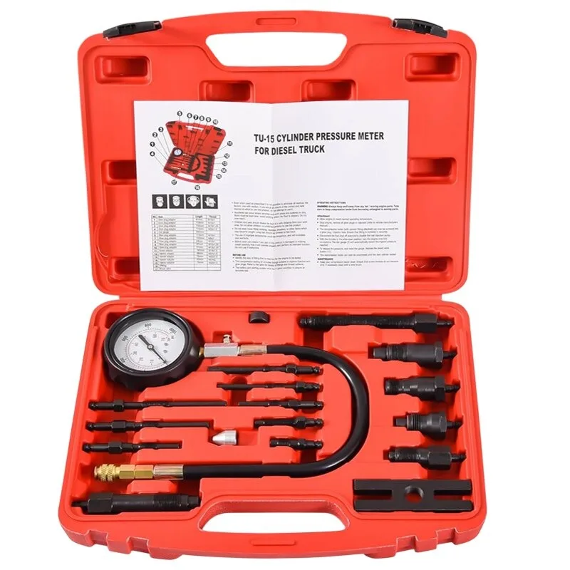 TU15B Professional Diesel Engine Compression Tester Tool Kit Full Range Cylinder Gauge Pressure Detection Test Set