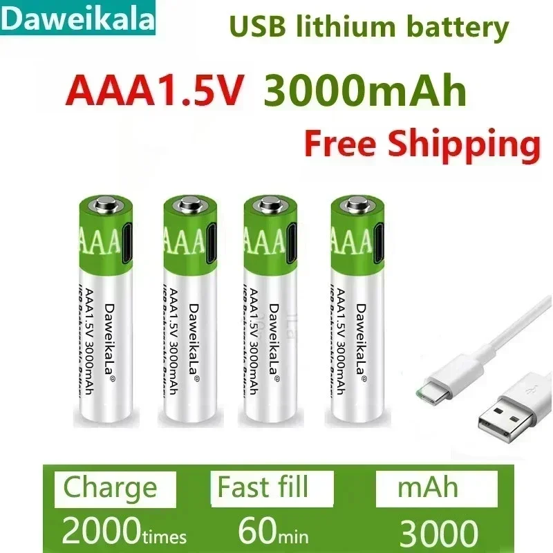 

USB AAA Rechargeable Batteries 1.5V 3000mAh Li-ion Battery for Remote Control MouseElectric Toy Battery + Type-C Cable