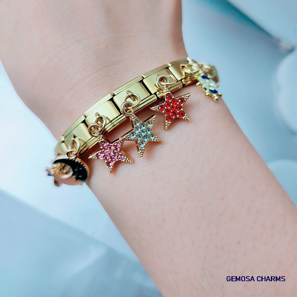 GEMOSA Trendy Gold Color Pendant Star Moon Compass Ship Rudder Bracelet Italian Link fit 9mm Stainless Steel Making Jewelry DIY