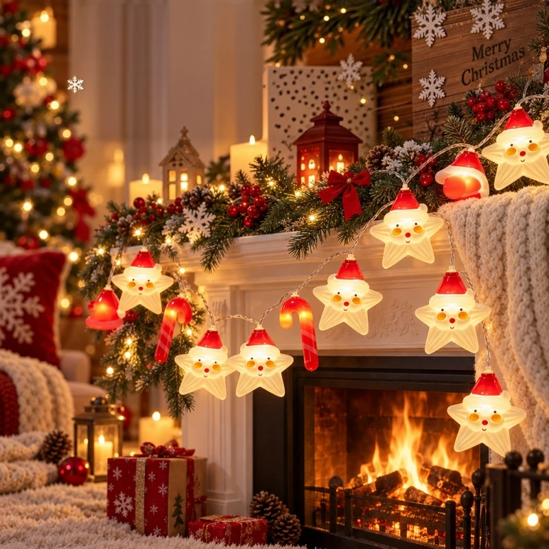 LED Christmas String Lights Battery Operated Star Candy Cane Warm White Glowing Hanging Decorative Lights Holiday Ornaments