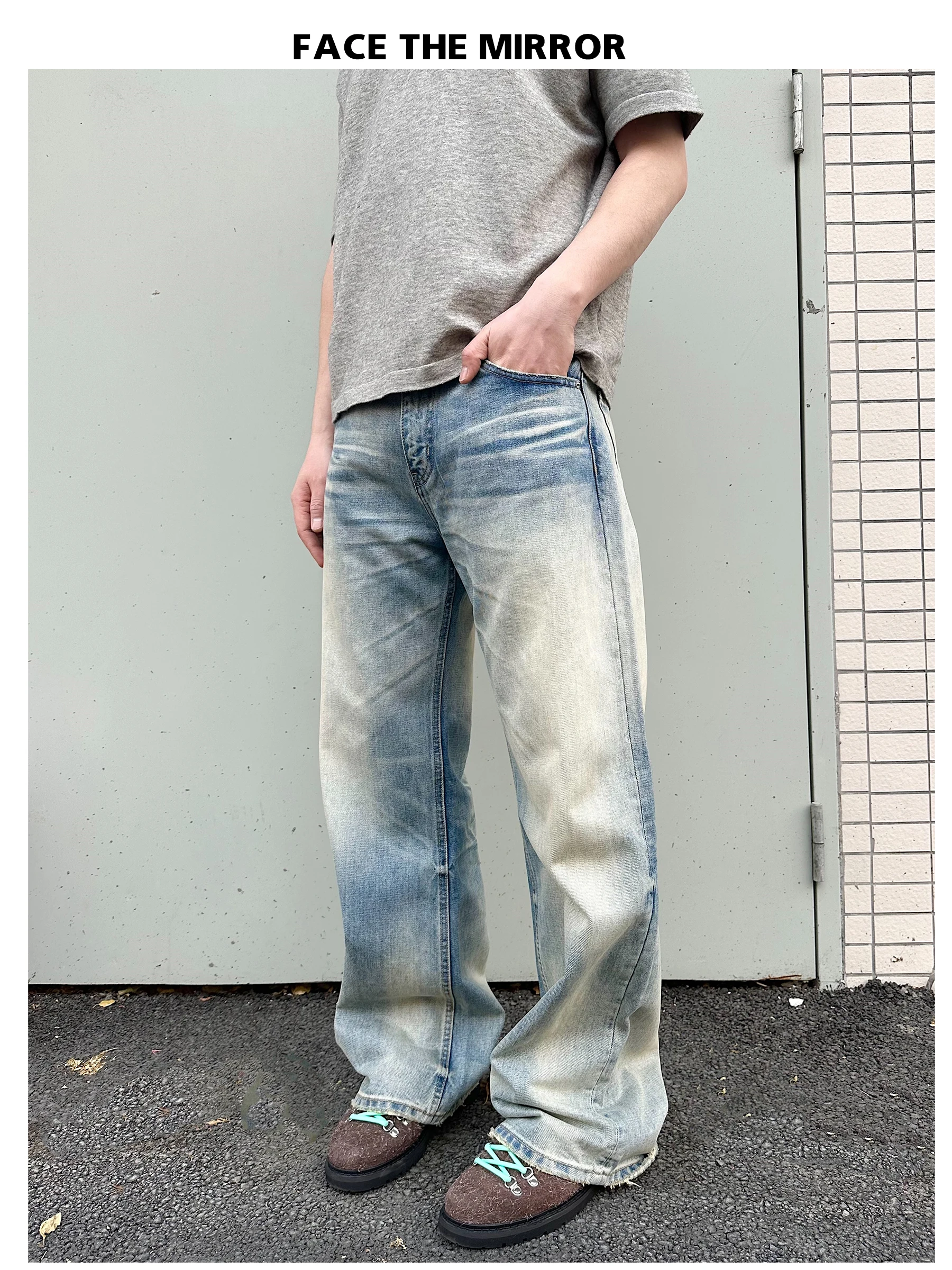 

American Style Heavyweight 05 Blue Bull King Vintage Washed A-Line Loose Straight Leg Jeans Clean Fit Casual Wear Denim Pants