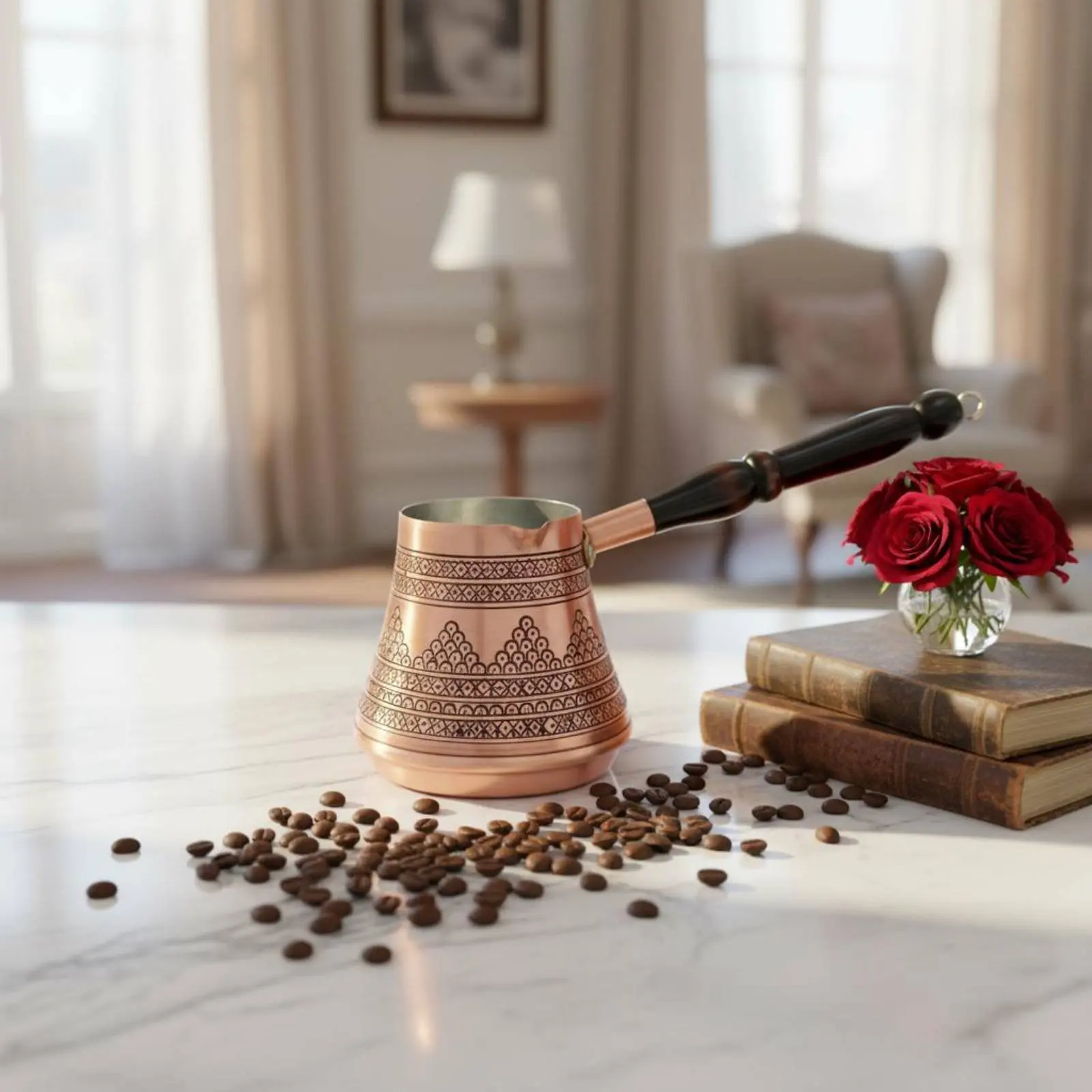 Juego de 5 Piezas para Café Turco, Interior Revestido de Estaño, Cezve de Cobre Grabado, Ibrik con Distribución Uniforme del Calor, para Decoración del Hogar