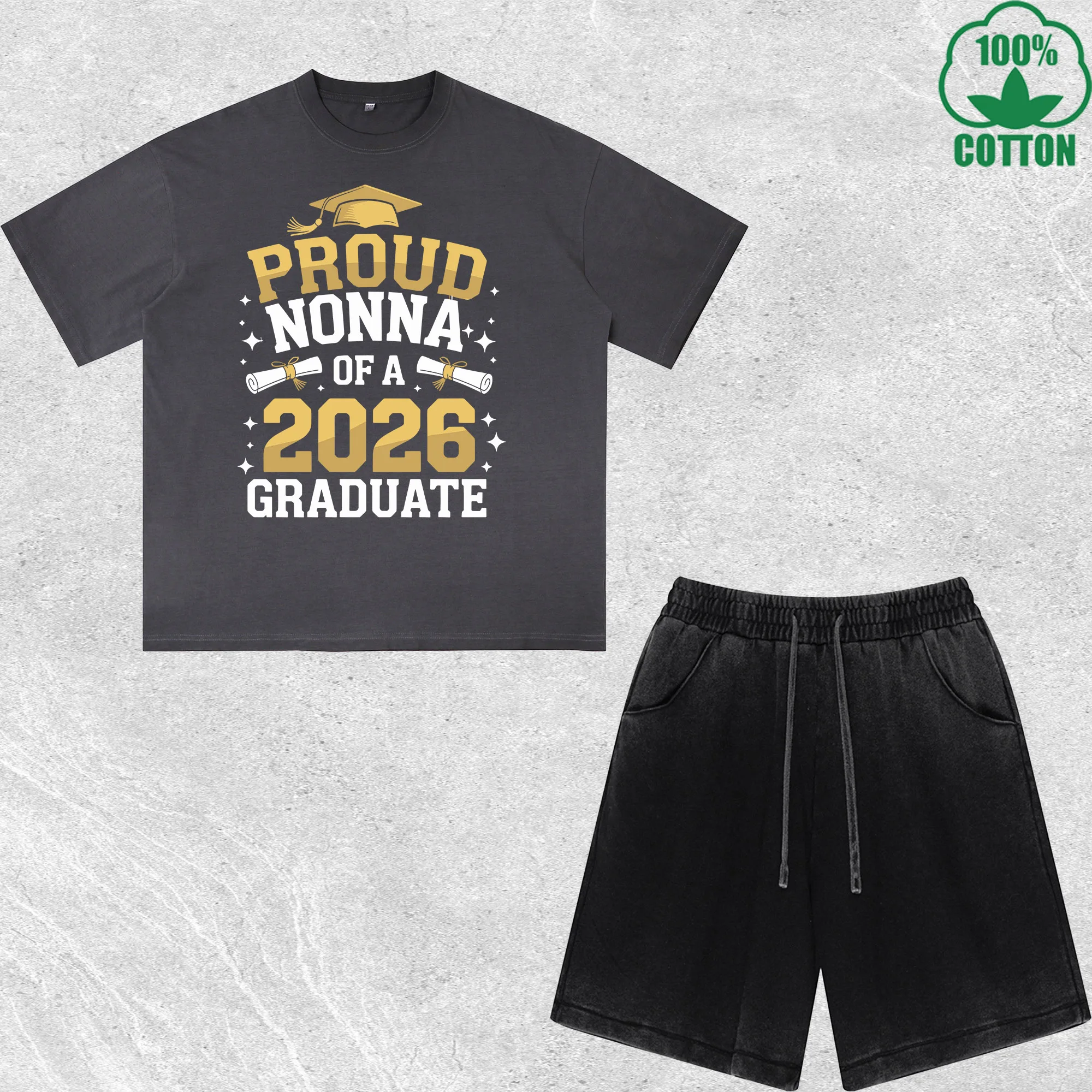 

2026 Graduate Printed Dirty Wash T-Shirt Shorts Set Multicolor Combo Loose Trendy Fashionable 100%Cotton