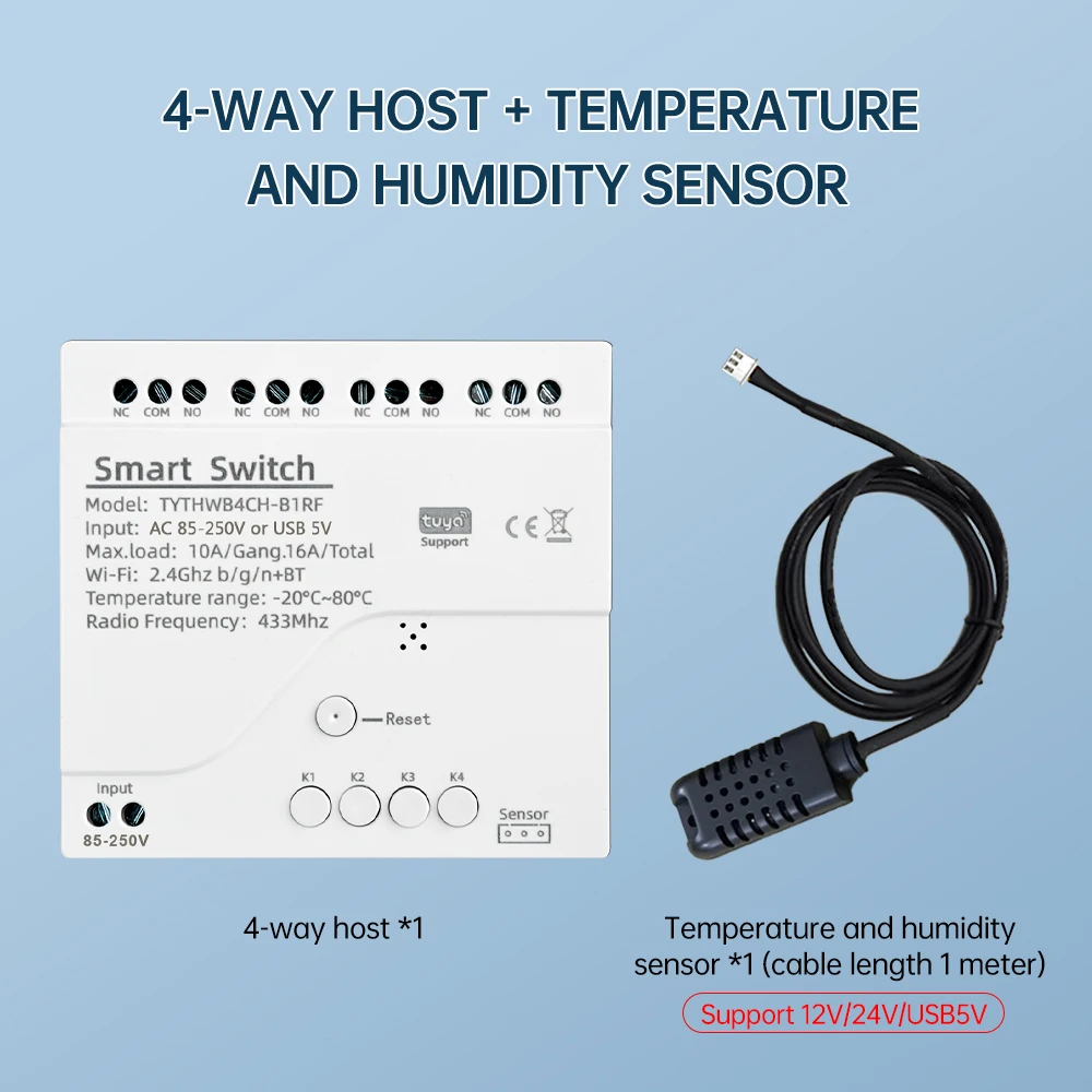 10A Tuya WIFI 2.4G Intelligent Switch 4-channel Temperature And Humidity Sensor Relay AC 85-250V DC 7-32V Alexa Compatible