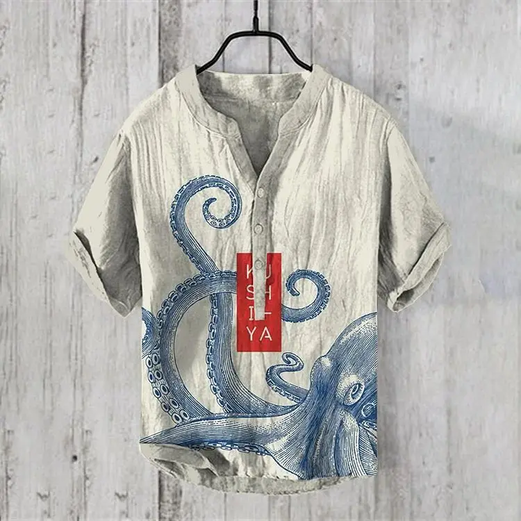 Amazon Octopus Series Printed Summer Men's Casual Linen Hawaiian Shirts Men's Vacation Beach Clothing Factory