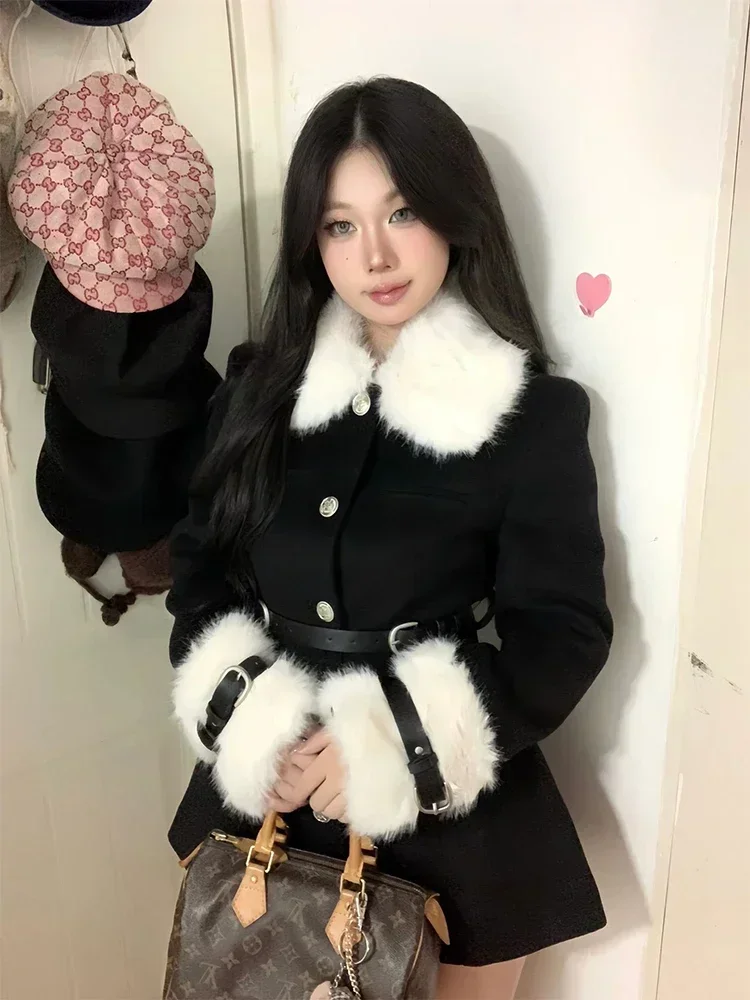

MiiiiX Office Lady French Elegant Woolen Coat Dress Women's 2024 Winter Waist Slim Fur Collar Coat with Belt Female Clothes