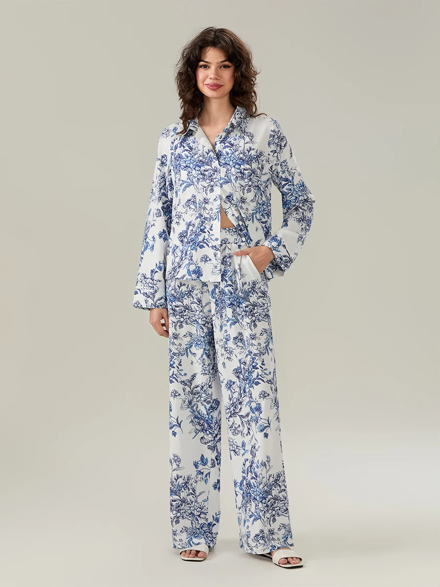 Women Floral Print Pajama Set Lapel Neck Button-up Long Sleeve Tops Long Pants 2-Piece Loungewear Outfit