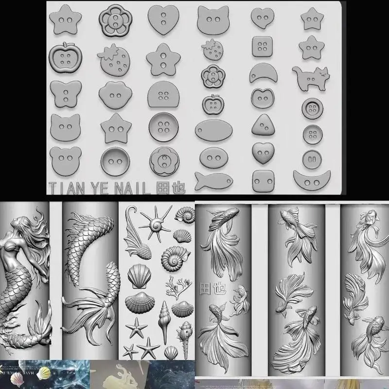

3D Soft Silicone Nail Ocean Mermaid Templates Goldfish Koi Buttons Carves Cartoon Art Mold DIY Accessories Tool