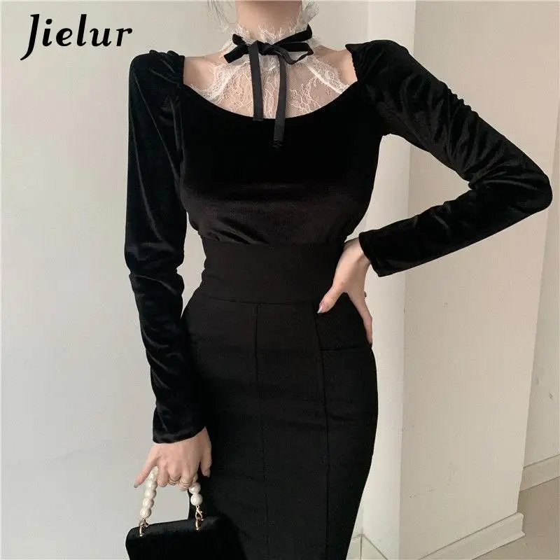 Jielur manica lunga retrò Slim top donna Design in pizzo moda coreana camicetta Vintage nera Office Lady Evening Party 2022 primavera