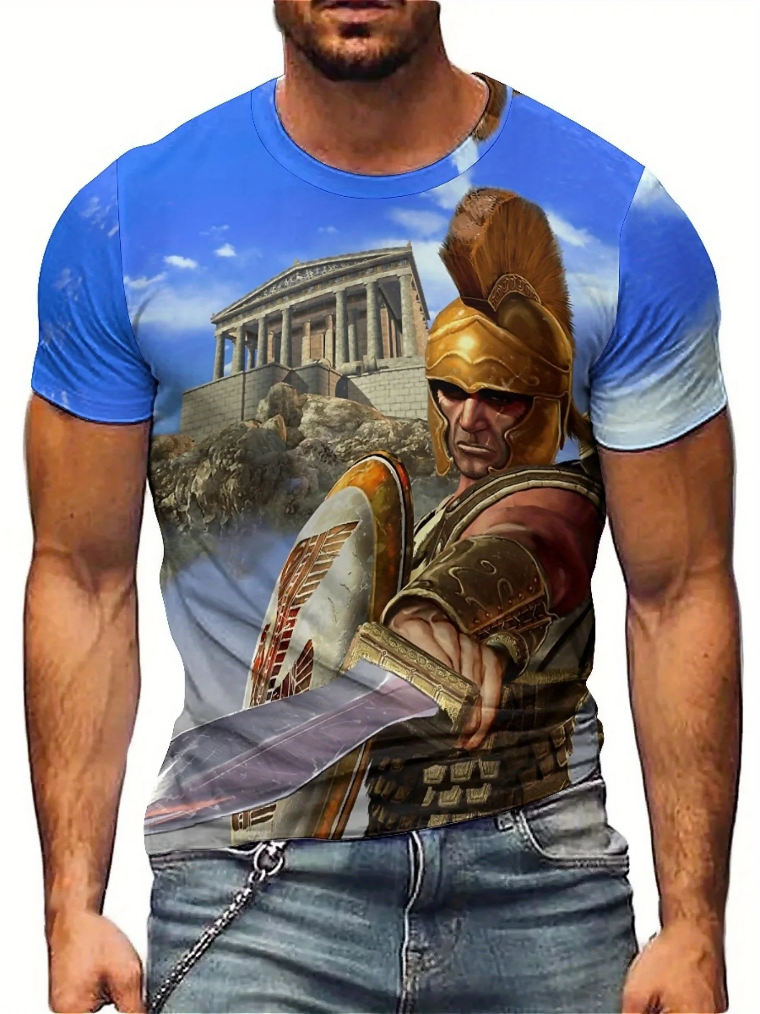 

Plus Size Men's 3D Print Knight & Parthenon Graphic T-Shirt - Gothic Dark Loose Fit Breathable Fabric, Short Sleeve