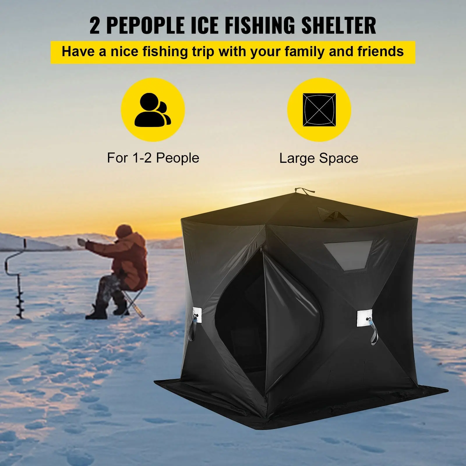 Pop-Up Portable Insulated Ice Fishing Tent 2-3 Person Ice Fishing Shelter Waterproof Oxford Fabric