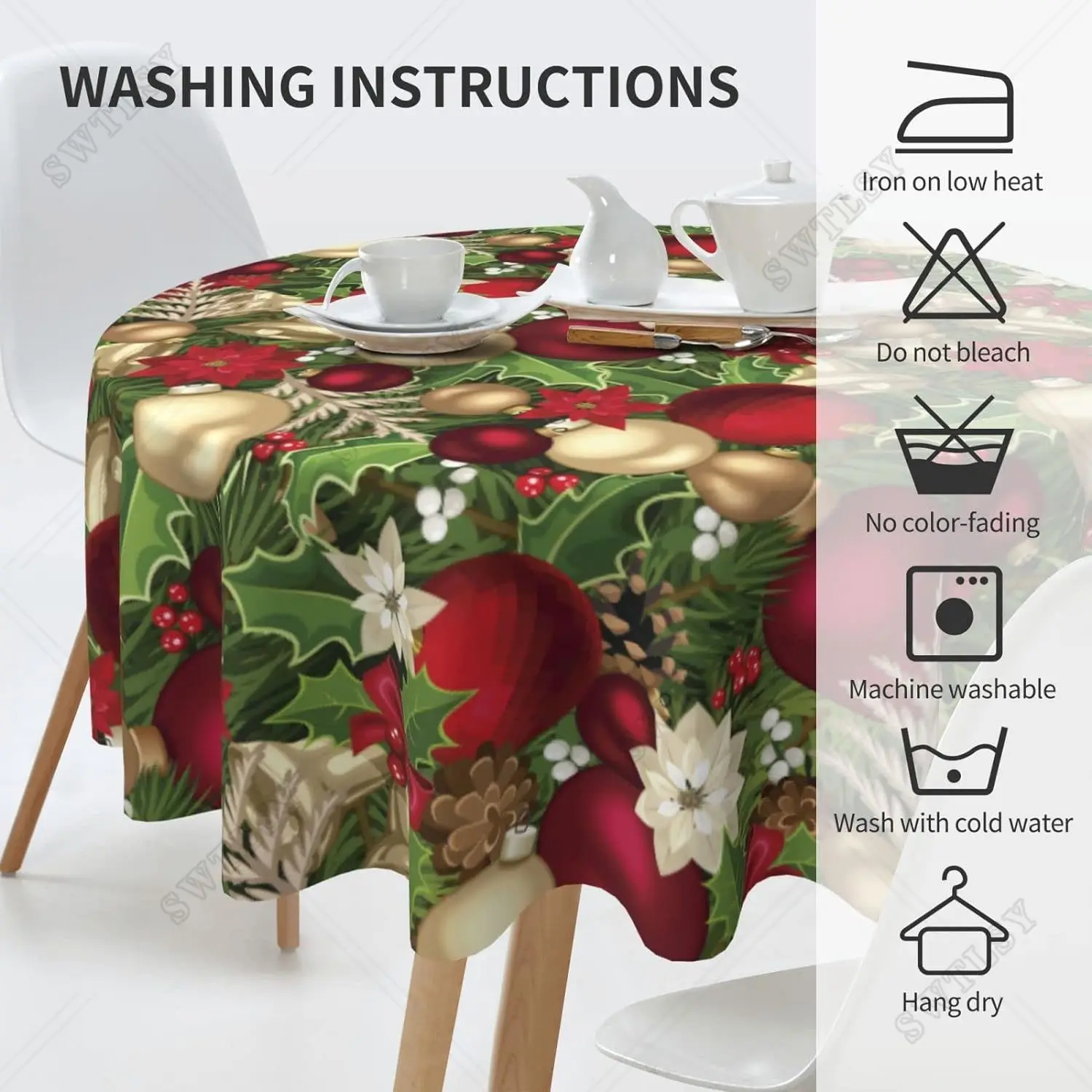 Blooming Poinsettia Holly Berry Christmas Pattern Tablecloth Round 60 Inch Water Resistant Washable Polyester Circle Table Cover