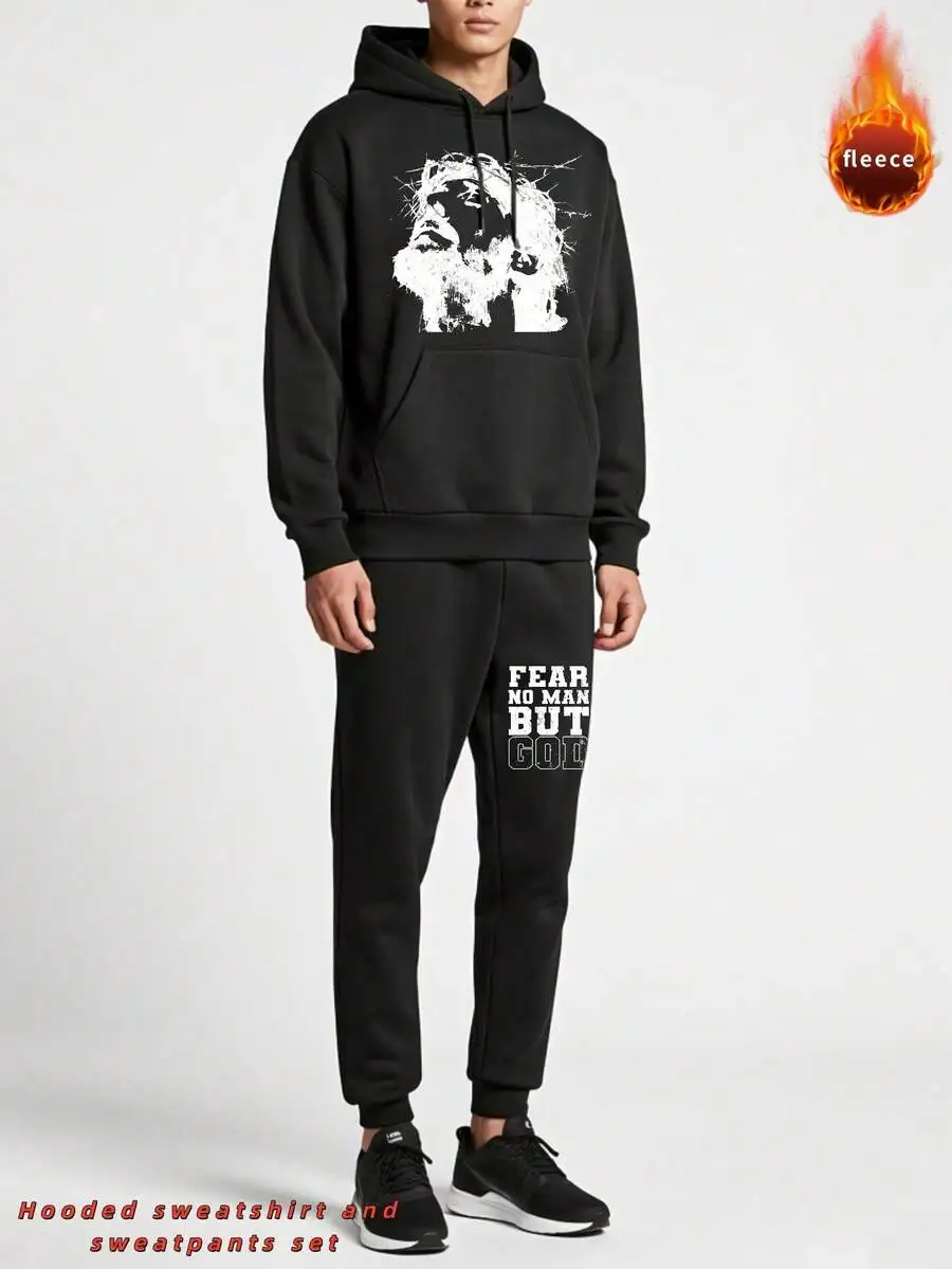 

Mens Hooded Sweatshirt And Sweatpants Set Black Graphic Print Fleece Tracksuit Casual Lounge Wear