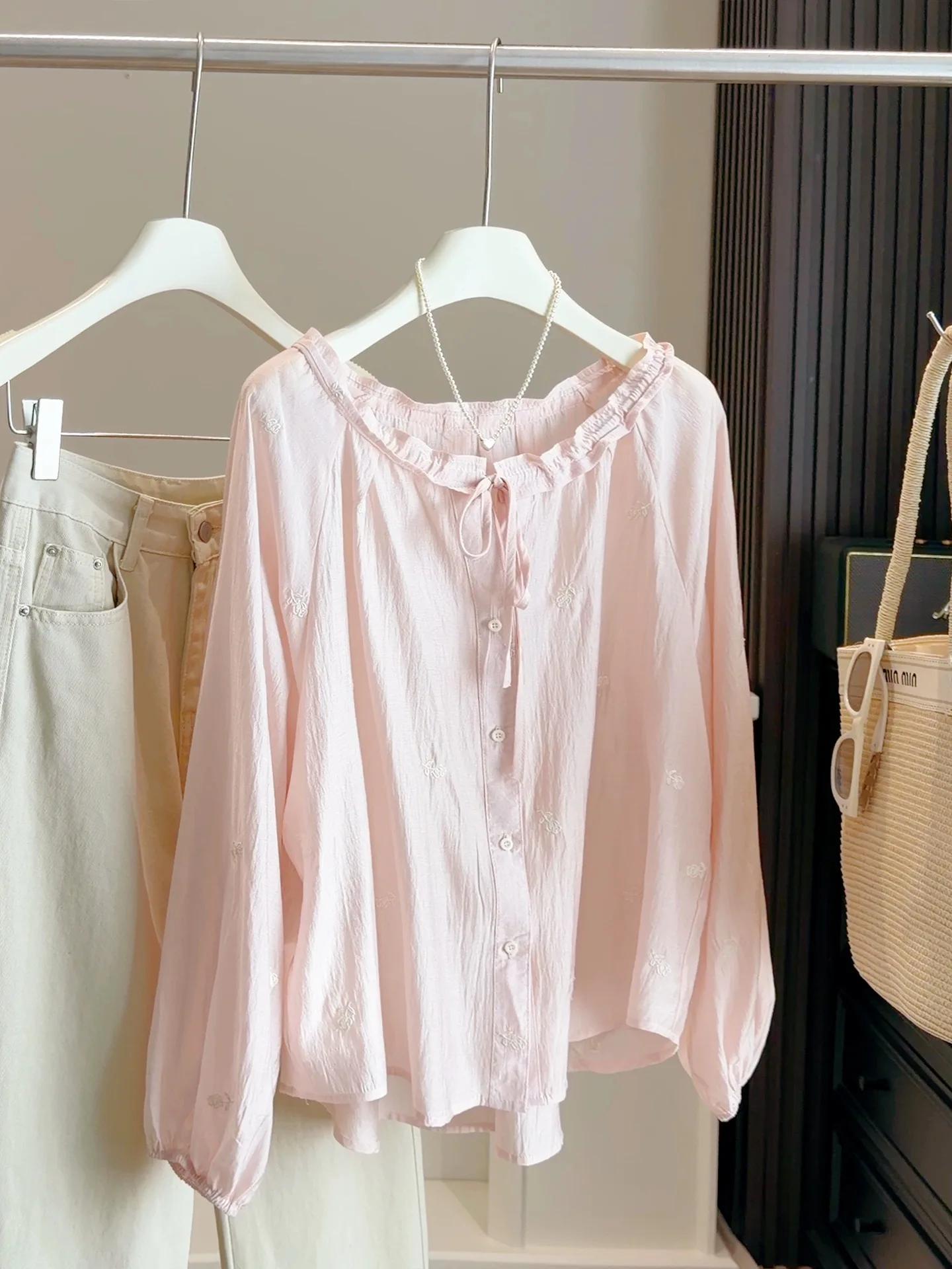 

Pink Floral Embroidered Long Sleeve Blouse Women Spring Loose Korean Style Ruffle Tie Sun Protection Top Casual Elegant Shirt