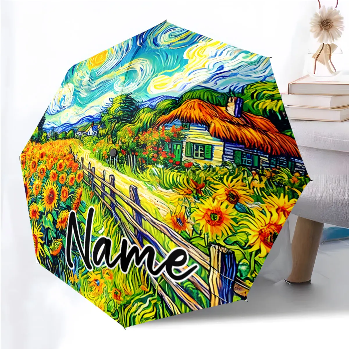 Custom Name Umbrella Sunflower Fields on a Vibrant Umbrella Print 8 Iron Ribs Folding Umbrella Auto-Open Fashion Sunshade