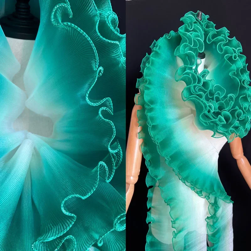 Pleated Organza Fabric Gradient Ruffle 3D Pleated Organza Fabric DIY Skirts Wedding Dress(Straightened Measuring Length 5 Yards)
