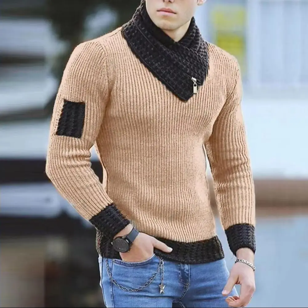 

Scarf Collar Knitted Sweater For Men Color Block Slim Fit Sweater V Neck Long Sleeve Men Pullover Sweater Autumn Winter Sweaters