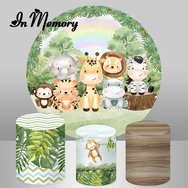 InMemory Cartoon Animals Safari Jungle Theme Round Backdrop Green Forest Leaves Wood Kids Birthday Party Background Plinth Cover