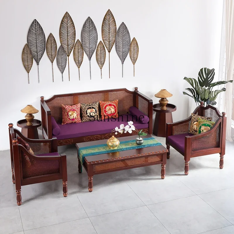 

South East Asia style all solid wood sofa combination retro zen old jade wood carving flower furniture