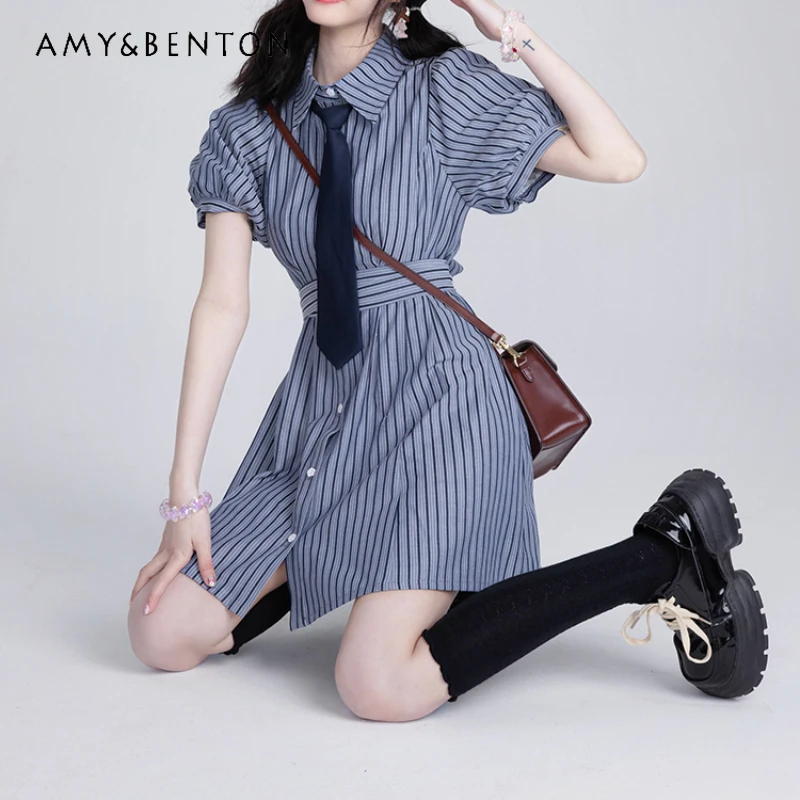 

2024 New Summer Retro College Style Green and White Striped Short Sleeved Shirt Bubble Sleeves Waist Thin A-Line Dress For Girls