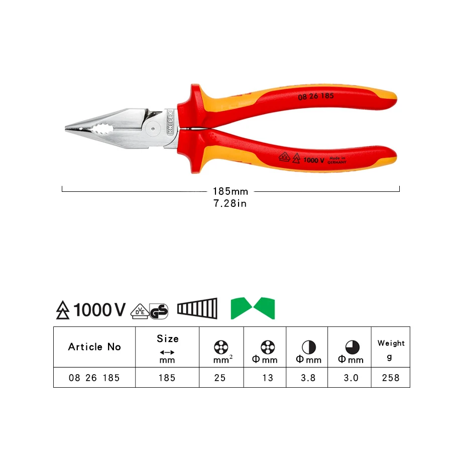 Knipex 185mm Insulated Needle Nose Pliers VDE Tested Chrome Plated Pliers for Soft, Medium and Hard Wires Wire Pliers NO.0826185