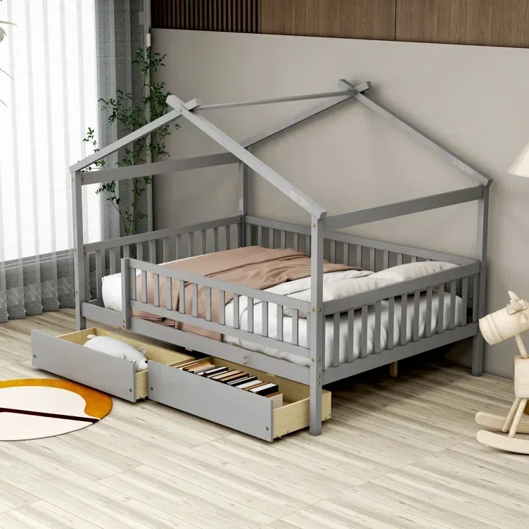 

2026 sell High-Quality Solid Pine Wood Children Beds Kids House Bed With Drawers Functional Bedroom Furniture