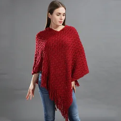 Primavera outono feminino solto versátil sólido malhas pulôver moda rua poncho senhora capas vermelho