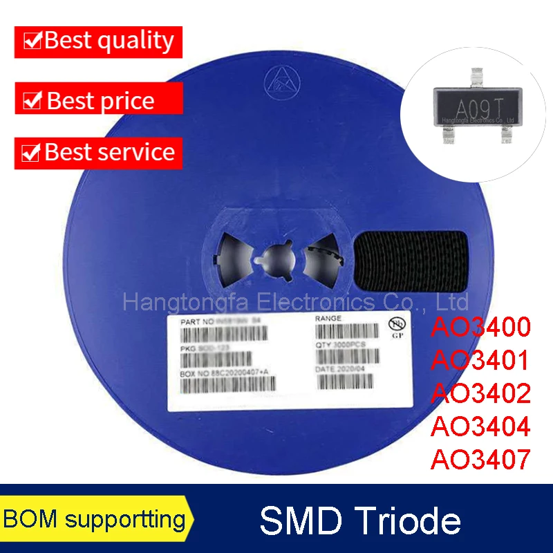 

3000PCS/Lot AO3400 AO3401 AO3402 AO3403 AO3404 SOT23 Marking A09T A19T A29T A39T A49T NPN PNP SMD Transistor New A REEL