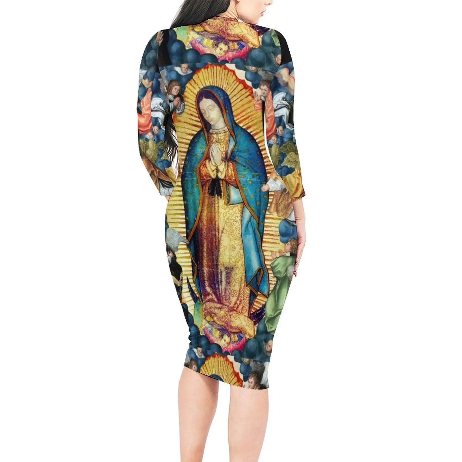 Guadalupe Virgin Mary Bodycon Dress Autumn Cute Angels Pretty Dresses Women Long Sleeve Custom Street Style Dress Big Size 5XL