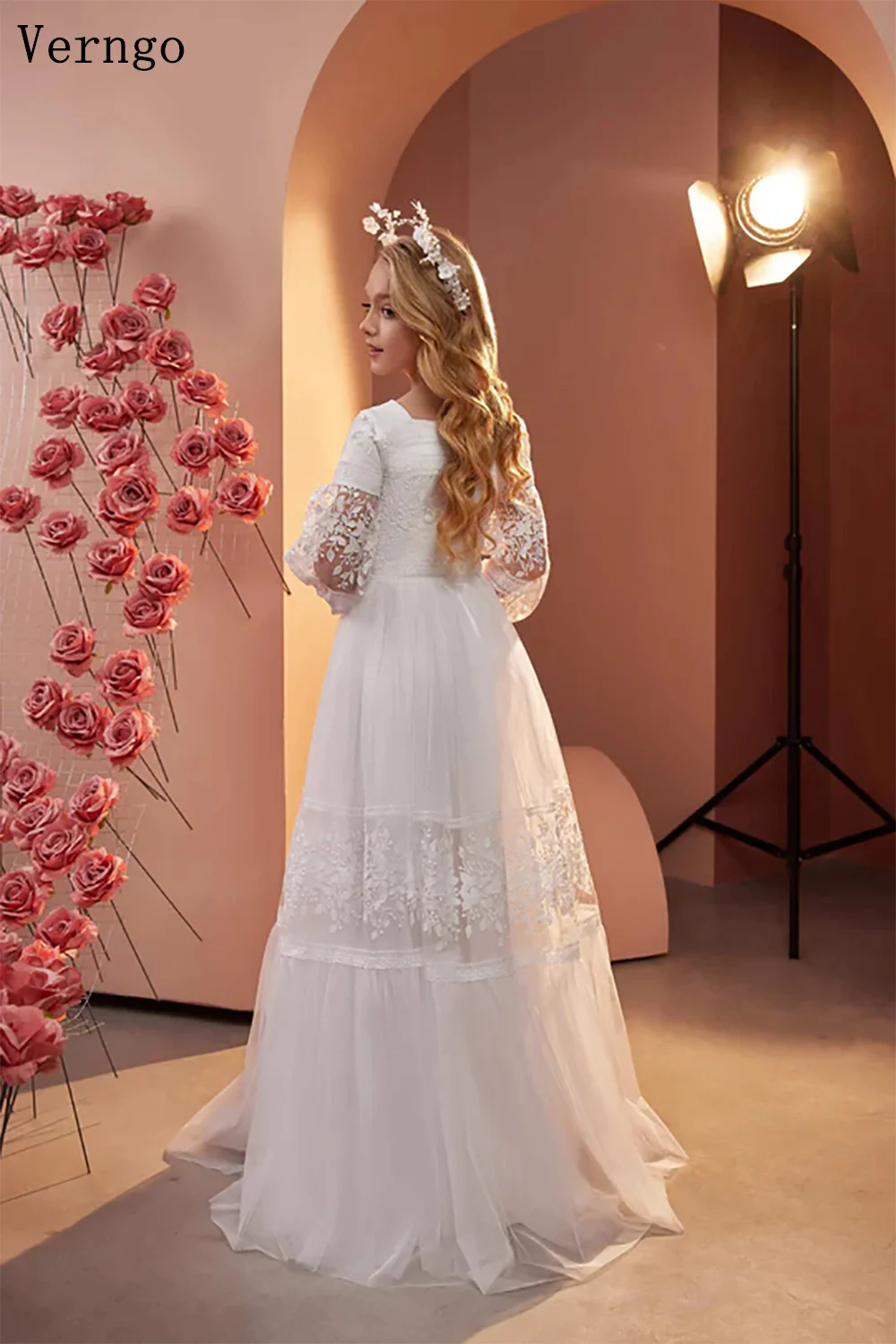 Verngo-vestido elegante de tul marfil con flores para niña, vestido de fiesta de cumpleaños con cuello cuadrado, vestido Maxi de princesa modesto personalizado