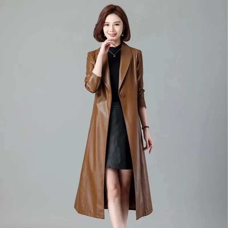 Women Leather Trench Outwear Office Lady Leather Coats Spring And Autumn Sashes Slim Fashion Long Leather Jacket Female SWREDMI