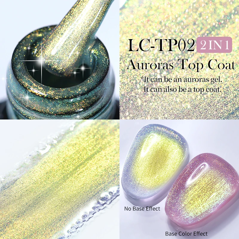 LILYCUTE 6 botellas/juego Aurora Glitter Top Coat Gel Esmalte de uñas 2 en 1 brillante efecto precioso para diseño de manicura