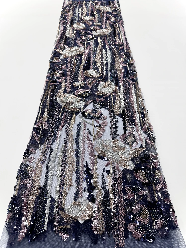 African Nigerian Tulle Lace Fabric Luxury Sequins Sewing Guipure Beads Embroidery Dresses High Quality 2025 5Yards resses