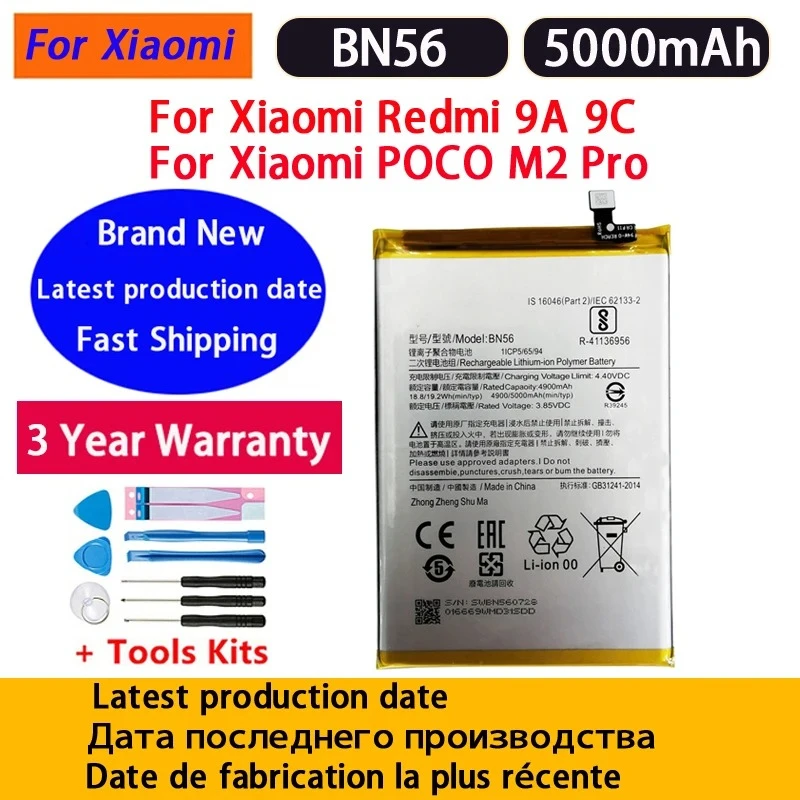 Envio Rápido: Bateria de Celular BN56 5000mAh para Xiaomi Redmi 9A 9C POCO M2 Pro – Baterias de Substituição + Ferramentas
