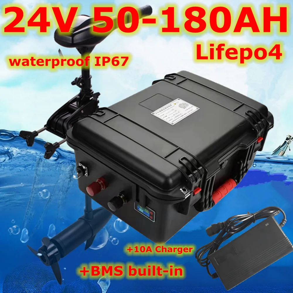 

Waterproof 24V 50Ah 60Ah 80Ah 100Ah 130Ah 150Ah 180Ah Lifepo4 battery BMS 8S for trolling motor solar system Camper+10A Charger