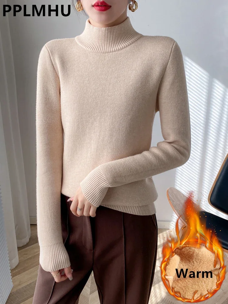 Women Winter Sweater Casual Warm Thicken Knitted Tops Mock Neck Soft Pullover Big Size 4xl Knitwear Jumper Plush Lined Sueter