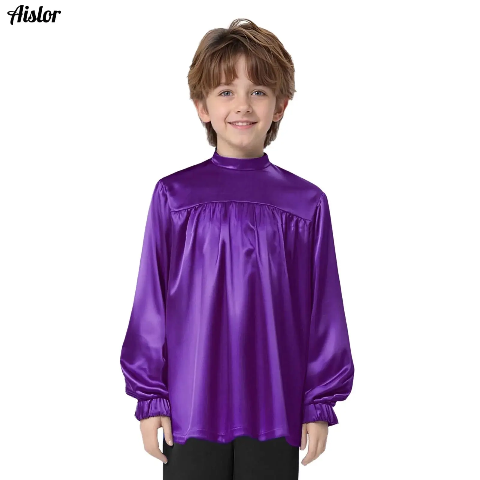 

Boys Girls Liturgical Praise Dance Tops Mock Neck Long Sleeve Back Invisible Zipper Satin Blouses Pullover Top Worship Dancewear