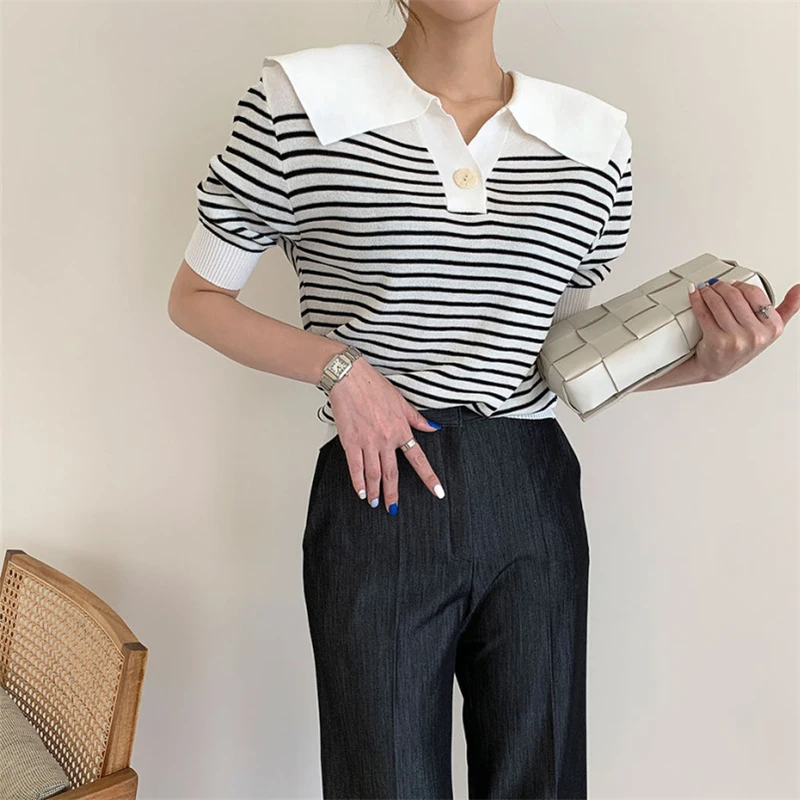 Female Fashion Short Sleeve Slim Turndown Collar Knitted Sweaters Women's Summer Striped Tops Vintage Loose All Match Pullover