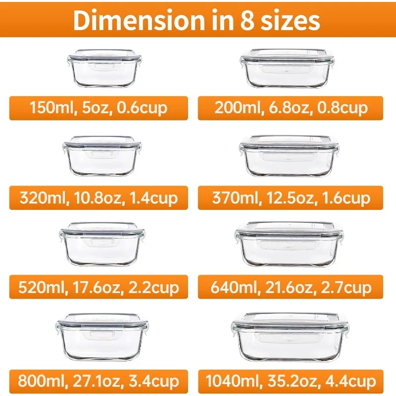 8 Pack Glass Food Storage Containers with Lids, Meal Prep Containers, Airtight Bento Boxes with Leak Proof Locking for Microwave