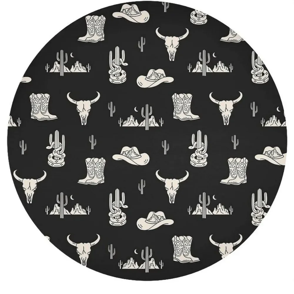 Western Theme Round Tablecloth Cowboy Cactus Boots Cowboy Hat Pattern Print Washable Cover for Home Party Dining Room