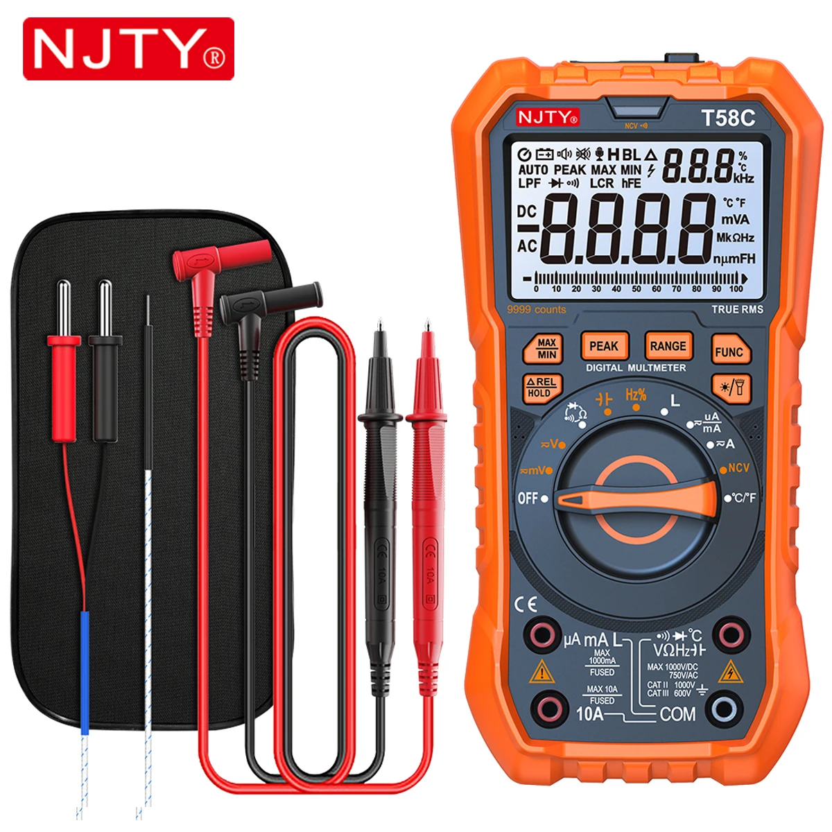 NJTY T58B T58C Digital Multimeter 9999 Counts Auto Range LED