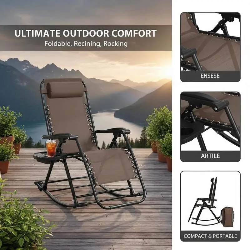 Outdoor Rocking Chairs, Foldable Reclining Zero Gravity Lounge Rocker with Pillow, Cup & Phone Holder, Combo Design with Folding Legs, Brown