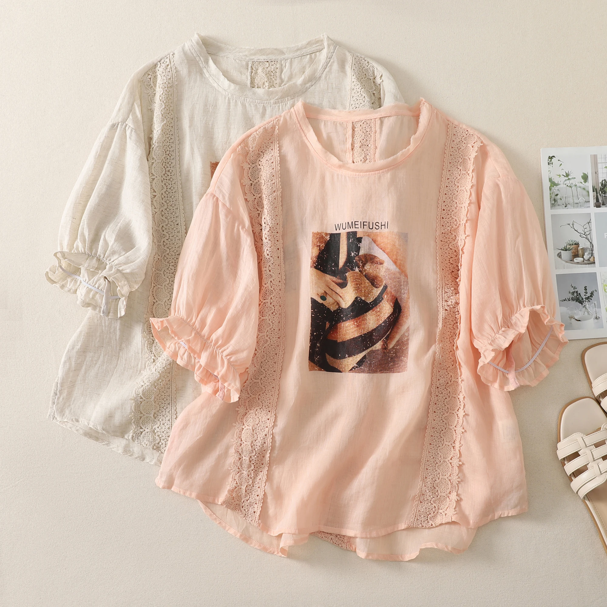 

Loose Cotton Linen Short Sleeve T-Shirt Patchwork Base Shirt Women's Summer New Style Comfortable Breathable round Neck Top