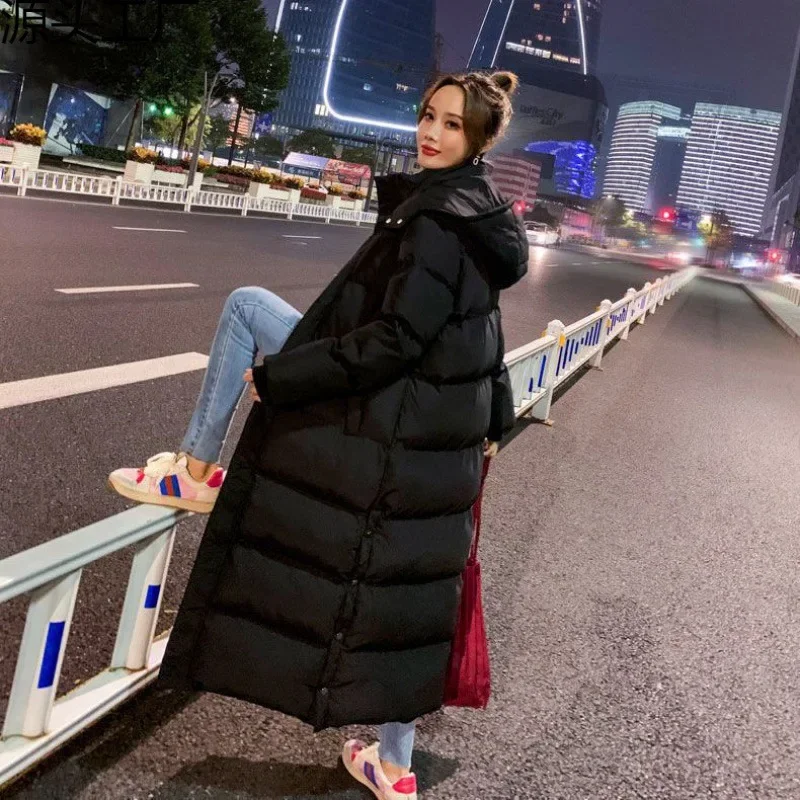 

Black Medium Long Down Cotton Coat Women's Thickened Knee Over Cotton Jacket Winter Fashion Hooded with Buttons Women Clothing