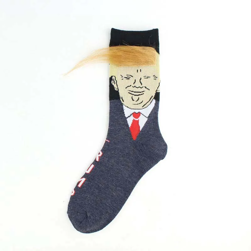 Spoof Funny President Donald Trump Socks With 3D Fake Hair Crew Socks Mens Compression Comfortable Soft Socks Streetwear Hip Hop