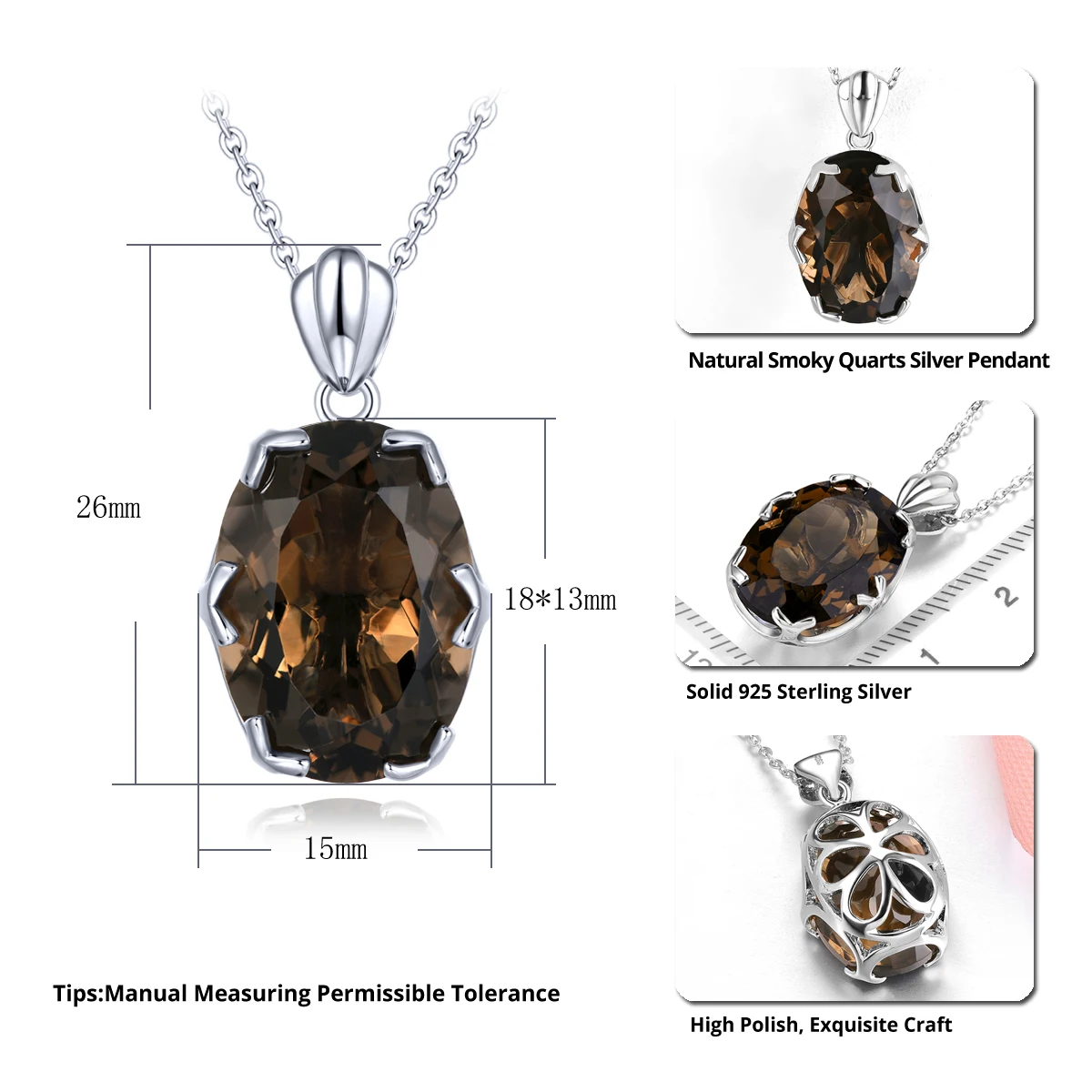 Natural Smoky Quarts Sterling Silver Pendants 11 Carats Genuine Brown Crystal Women Classic Fine Jewelry S925 Top Quality - Image 2