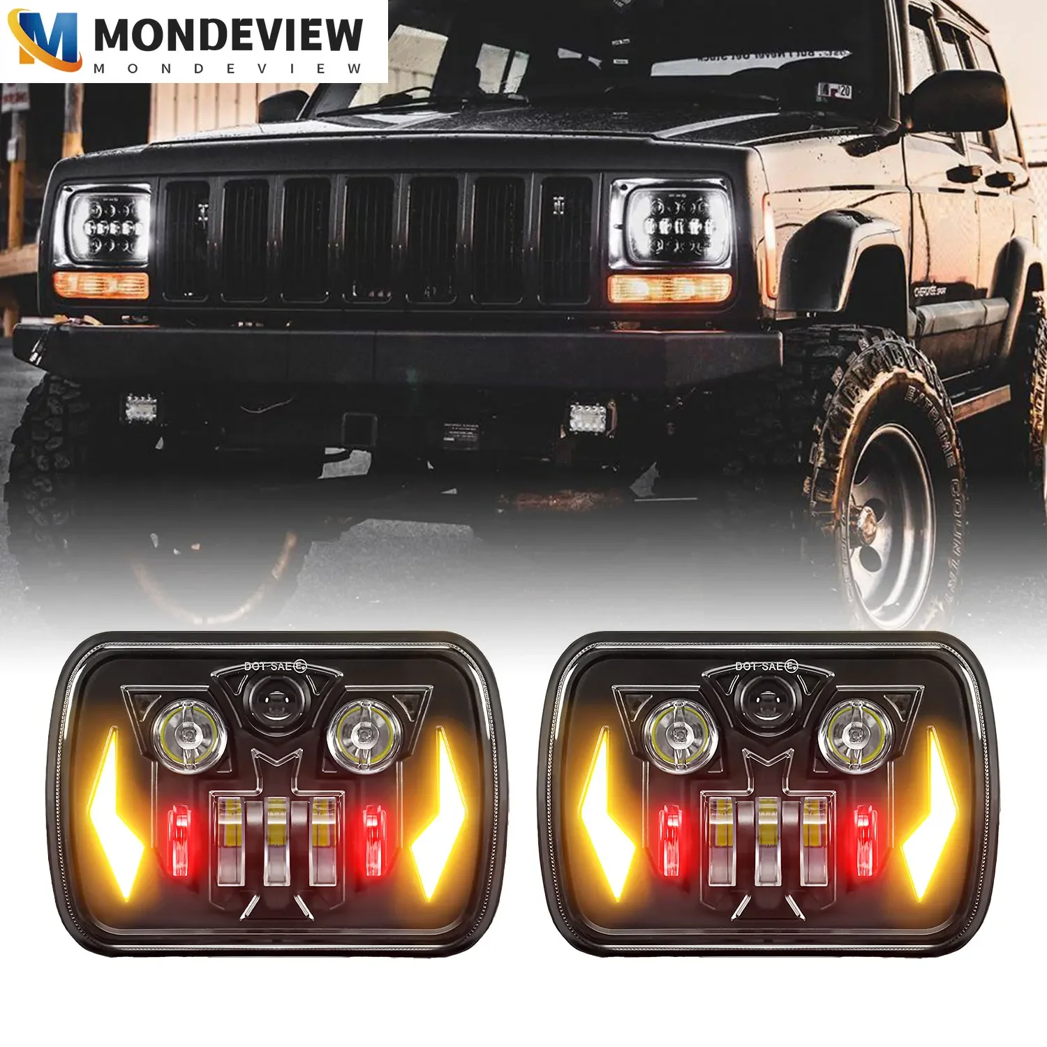 

MONDEVIEW R16 7-inch square 36000LM high brightness Wrangler headlights 6000K white 260W high-power car daytime running lights