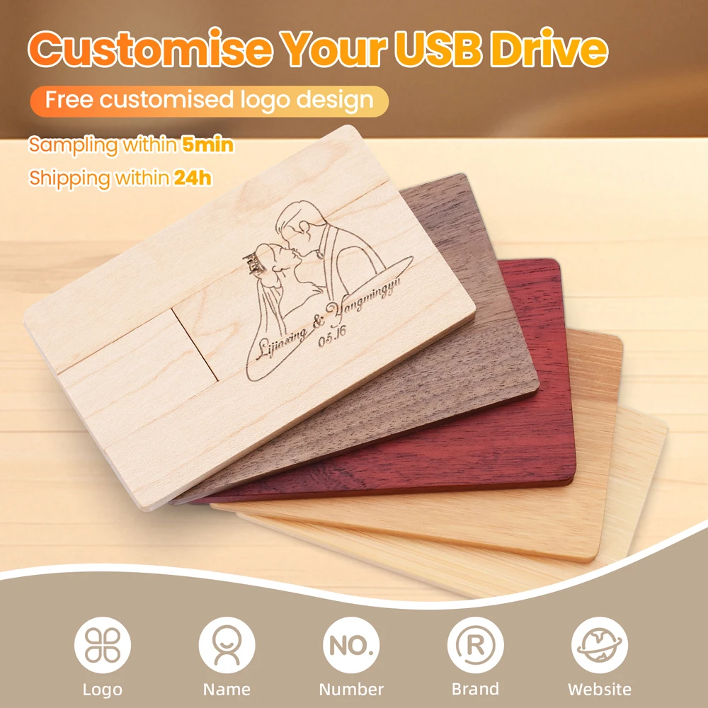 Wooden Card USB Flash Drive Memory Stick Free Custom Logo Pen Drive 128GB 64GB 32GB 16GB Storage Device Pendrive Cle USB Stick