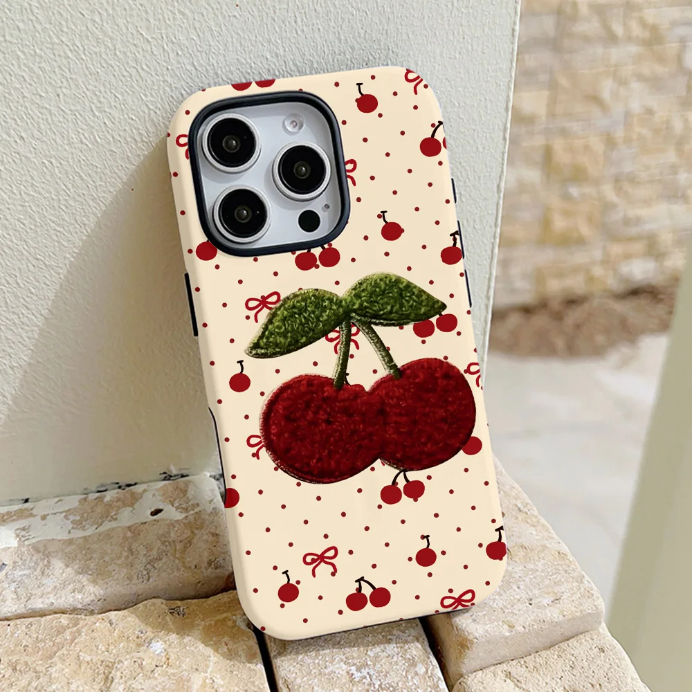 iPhone 16 15 14 13 12 11 Pro Max Plus 럭셔리 마그네틱 더블 레이어 뒷면 커버 용 체리 보우 매듭 패턴 전화 케이스