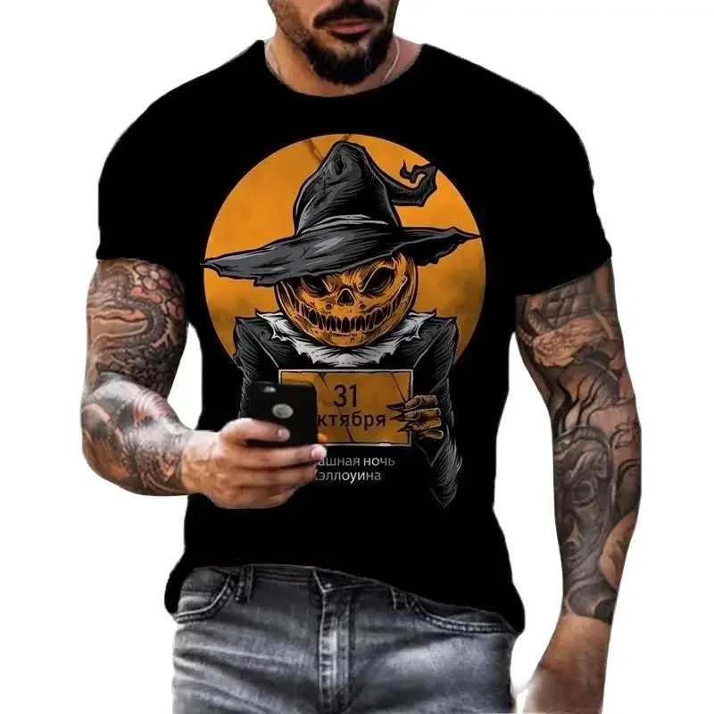 Fashion Terror Funny Pumpkin Shape graphic t shirts For Men Halloween Festival Casual Personality Printed Round Neck Tees Tops